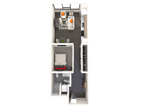 Floor plan for 1 bed, 1 bath, 607 sqft